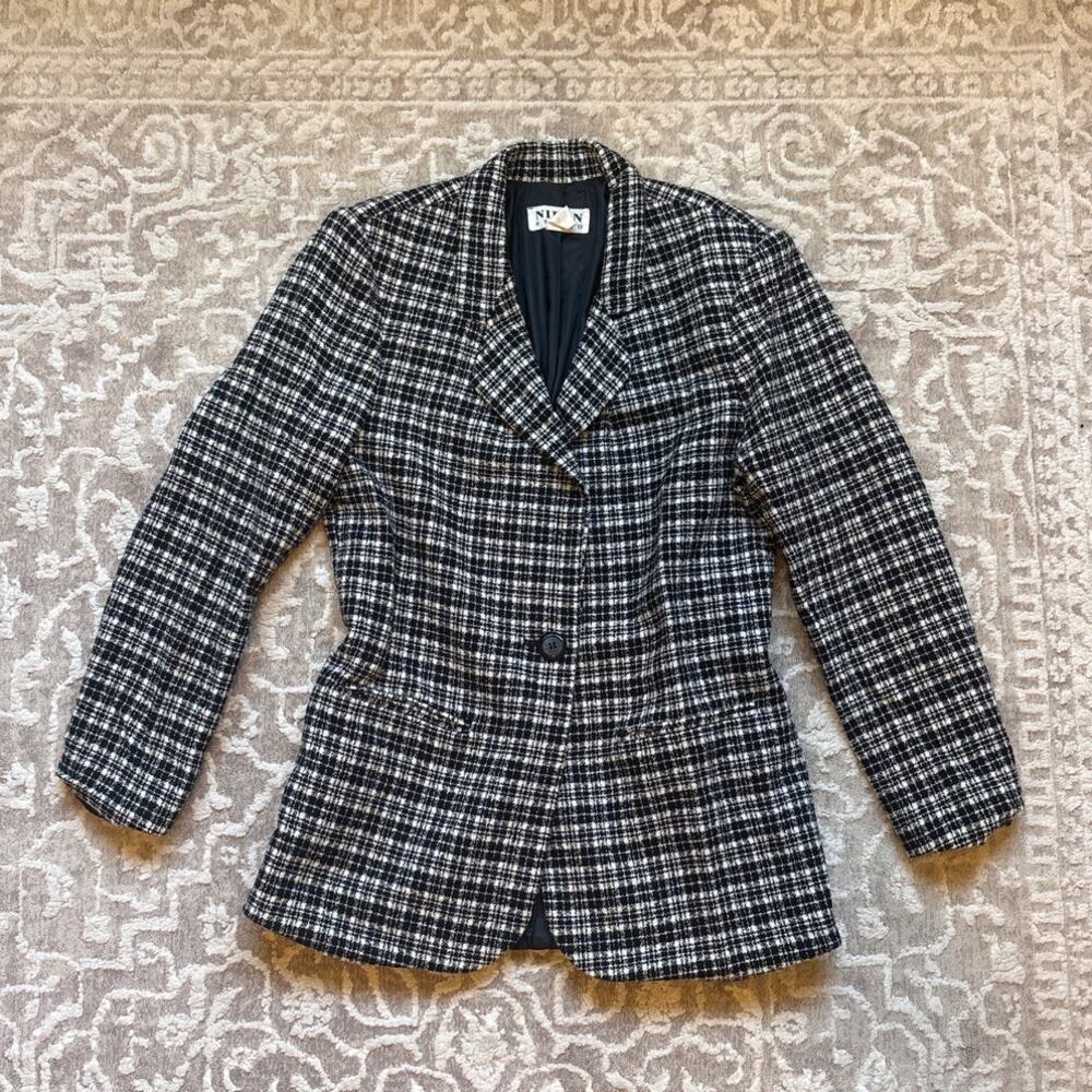VTG‎ Nipon Studio black white tweed womens button wool blazer SIZE 8
